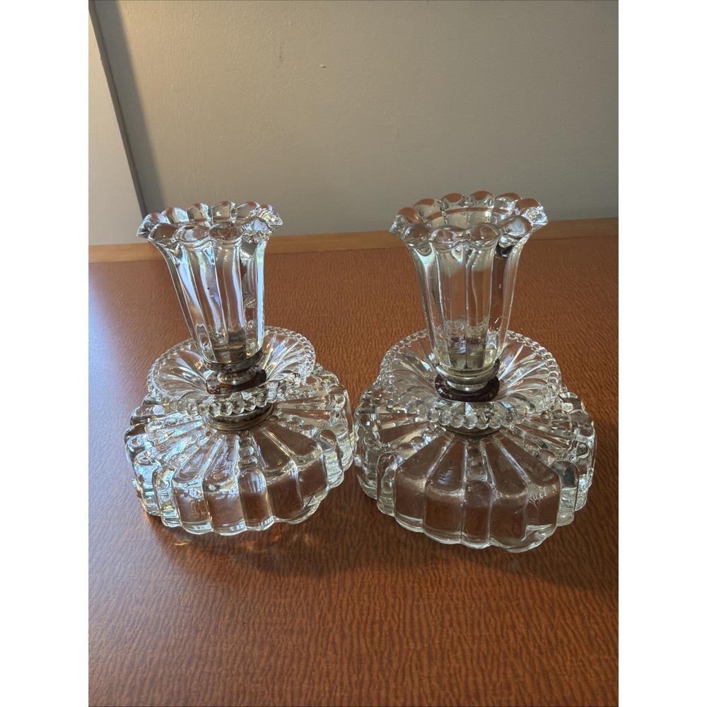 Vtg 1950's Art Deco Cut Glass Pair Of Candlestick Holders 4"